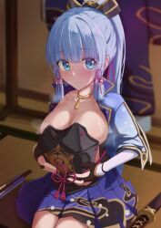 Rule 34 | absurdres, ayaka (genshin impact), blue eyes, blue hair, blue jacket, blue skirt, breasts, clothes lift, commentary request, genshin impact, gloves, hand fan, heavy breathing, highres, jacket, katana, large breasts, looking at viewer, mole, mole under eye, ponytail, rikka006, sidelocks, skirt, snowflakes, solo, sword, weapon