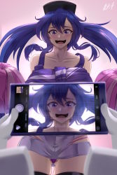 Rule 34 | 1girl, absurdres, bare shoulders, blue hair, blush, breasts, cellphone, cheerleader, hair between eyes, hat, highres, holding, holding phone, holding pom poms, large breasts, looking at viewer, open mouth, original, panties, phone, pom pom (cheerleading), pom poms, purple eyes, rabbit, skirt, smartphone, solo, taking picture, thighhighs, twintails, underwear, vilde loh hocen