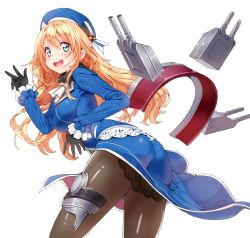 Rule 34 | 10s, 1girl, :d, atago (kancolle), bad id, bad pixiv id, beret, black pantyhose, blonde hair, blush, frilled sleeves, frills, gloves, green eyes, hat, highres, kantai collection, long hair, long sleeves, looking at viewer, mx2j, open mouth, pantyhose, simple background, smile, solo, v, w, white background