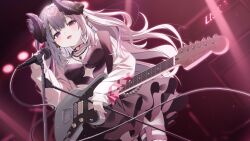 Rule 34 | 1girl, absurdres, animal ears, black dress, black horns, chikafuji lisa, choker, commission, cross, cross necklace, curled horns, dress, ear piercing, earrings, grey hair, guitar, hair ornament, hairclip, heart, heart choker, highres, holding, holding guitar, holding instrument, horns, indie virtual youtuber, instrument, jewelry, light blush, long hair, long sleeves, looking at viewer, microphone, mole, mole under eye, necklace, piercing, purple eyes, red nails, riripoinya, sheep ears, skeb commission, solo, thigh strap, virtual youtuber