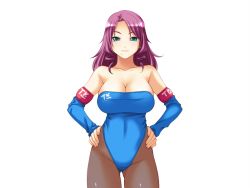 Rule 34 | 1girl, asakura sakura, bare shoulders, blush, breasts, cleavage, detached sleeves, drill hair, elbow gloves, female focus, game cg, gloves, green eyes, hands on own hips, large breasts, leotard, long hair, looking at viewer, mama no undoukai, mole, pantyhose, purple hair, smile, solo, standing, strapless, transparent background, twin drills