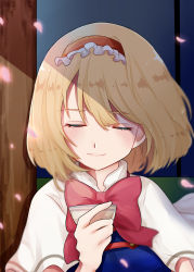 Rule 34 | 1girl, absurdres, alice margatroid, blonde hair, blush, cup, closed eyes, hairband, highres, holding, holding cup, petals, red headwear, smile, solo, touhou, uchisaki himari