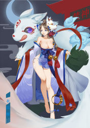 Rule 34 | 1girl, animal, ass, bare shoulders, barefoot, bell, blue eyes, blue ribbon, breasts, brown hair, cleavage, collarbone, commentary request, crescent moon, cro (artist), detached sleeves, fox mask, hair ornament, highres, japanese clothes, kimono, large breasts, long hair, long sleeves, mask, moon, original, ribbon, tongue, tongue out, translation request, white sleeves