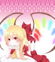 Rule 34 | 1girl, alternate costume, arm support, bare shoulders, blonde hair, bored, dress, flandre scarlet, frilled sleeves, frills, hair ribbon, highres, kyun (vacaloid), no headwear, puffy short sleeves, puffy sleeves, red eyes, ribbon, short hair, short sleeves, side ponytail, solo, touhou, wings