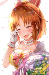 Rule 34 | 1girl, :3, :d, abe nana, animal ears, blush, bouquet, breasts, cleavage, closed eyes, commentary request, confetti, detached collar, facing viewer, flower, gem, gloves, hair ornament, head tilt, heart, highres, holding, holding bouquet, idolmaster, idolmaster cinderella girls, medium breasts, medium hair, okitsugu, open mouth, orange hair, ponytail, rabbit ears, short sleeves, simple background, smile, solo, tearing up, tears, upper body, white background, white gloves, wiping tears