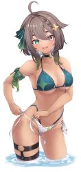Rule 34 | 1girl, :d, absurdres, ahoge, alternate costume, arm bow, bikini, blue hair, blue nails, bow, braid, breasts, brown eyes, brown hair, collarbone, colored inner hair, contrapposto, cowboy shot, cross-shaped pupils, green bikini, green bow, green eyes, hair between eyes, hair bow, hair flaps, halterneck, heterochromia, highleg, highleg swimsuit, highres, idol corp, large breasts, looking at viewer, medium hair, meica (vtuber), mismatched pupils, multicolored hair, multiple thigh straps, o-ring, o-ring thigh strap, open mouth, shironagase, side-tie bikini bottom, single braid, smile, solo, sprout-shaped pupils, sprout pendant, swimsuit, symbol-shaped pupils, tan, tanline, thigh strap, untying, virtual youtuber, wading, water, white background, white bikini