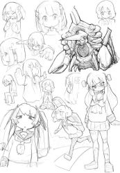 Rule 34 | 1girl, backpack, bag, closed mouth, commentary request, cross hair ornament, closed eyes, full body, greyscale, hair ornament, hairclip, long hair, long sleeves, looking at viewer, monochrome, multiple views, open mouth, original, outstretched arms, pantyhose, pleated skirt, sailor collar, school uniform, serafuku, shoes, short hair, sketch, skirt, spread arms, stitched face, stitched leg, stitches, stittched leg, tonmoh