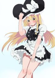 Rule 34 | 1girl, absurdres, apron, black hat, black skirt, black vest, blonde hair, blush, bow, braid, closed mouth, clothes lift, commentary request, covering crotch, covering privates, embarrassed, feet out of frame, floating hair, frilled apron, frilled skirt, frills, hair between eyes, hair bow, hand on headwear, hat, hat bow, highres, kirisame marisa, long hair, looking down, puffy short sleeves, puffy sleeves, shirt, short sleeves, simple background, single braid, skirt, skirt lift, solo, standing, thighs, touhou, very long hair, vest, waist apron, white apron, white background, white bow, white shirt, wind, wind lift, witch hat, yellow eyes, yuri kowashi (tetsukabuto nuranura)