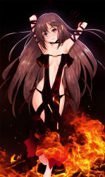 Rule 34 | 1girl, absurdres, armpits, arms behind head, arms up, bare shoulders, barefoot, black background, black choker, black dress, black gloves, blush, breasts, brown eyes, brown hair, center opening, choker, collarbone, dress, earrings, elbow gloves, fate/grand order, fate (series), feet, fire, gloves, highres, hip focus, jewelry, kazuma muramasa, long hair, looking at viewer, multiple earrings, navel, parted lips, revealing clothes, solo, strapless, strapless dress, very long hair, yu mei-ren (fate)