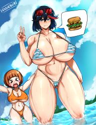 Rule 34 | 2girls, areola slip, artist name, bikini, black hair, blue eyes, blush, breasts, brown hair, burger, cameltoe, cleavage, covered erect nipples, curvy, duo kawa, highres, huge breasts, kill la kill, large areolae, large breasts, looking at viewer, mankanshoku mako, matoi ryuuko, multicolored hair, multiple girls, red hair, short hair, smile, standing, swimsuit, thick thighs, thighs, wide hips
