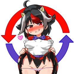 Rule 34 | 1girl, ahoge, arrow (symbol), black hair, blush, bow, bowtie, breasts, chibi, clothes lift, cone horns, covered erect nipples, cowboy shot, fang, fang out, gluteal fold, heart, himajin noizu, horns, impossible clothes, impossible shirt, kijin seija, lifting own clothes, looking at viewer, multicolored hair, panties, panty pull, pink panties, red eyes, shirt, short sleeves, skirt, skirt lift, solo, streaked hair, sweatdrop, tongue, tongue out, touhou, underwear, white shirt