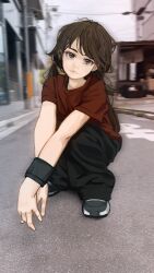 Rule 34 | 1girl, black footwear, black pants, black wristband, blurry, blurry background, brown eyes, brown hair, building, casual, closed mouth, commentary, eyelashes, foreshortening, full body, hair tie, head tilt, highres, ira (servachok), long hair, looking at viewer, loose hair strand, messy hair, motor vehicle, original, outdoors, pants, photo background, power lines, puffy short sleeves, puffy sleeves, red shirt, road, russian commentary, servachok, shirt, shoes, short sleeves, simple background, sky, sneakers, solo, squatting, street, t-shirt, truck, twintails, utility pole, v arms, white sky