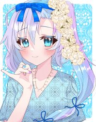 Rule 34 | 1girl, alternate costume, blue background, blue eyes, blue hair, blue nails, blue ribbon, blue shirt, blush, bow, closed mouth, collarbone, commentary request, eyelashes, fingernails, flower, hair between eyes, hair bow, hair flower, hair ornament, hair ribbon, highres, jewelry, kousetsu samonji (tenka hyakken), light blue hair, long hair, looking at viewer, multicolored nails, nail polish, necklace, parted bangs, pink nails, pinky out, print shirt, purple nails, ribbon, shirt, short sleeves, side ponytail, smile, solo, takimaro320, tenka hyakken, upper body, v-neck
