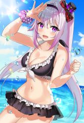 Rule 34 | .live, 1girl, bad id, bad twitter id, beach, bikini, blurry, blush, breasts, carro pino, cleavage, cloud, collarbone, commentary request, day, headband, lens flare, looking at viewer, medium breasts, motsunuki, navel, ocean, open mouth, purple eyes, silver hair, sky, solo, sun, swimsuit, virtual youtuber, water drop