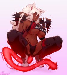 Rule 34 | 1girl, animal ears, black choker, black nails, black panties, black sclera, black shorts, black thighhighs, borrowed character, breasts, brown lips, cat ears, cat tail, choker, clothes writing, coco (bakeneko), colored sclera, commission, covered erect nipples, dark-skinned female, dark skin, elbow pads, fingerless gloves, fingernails, full body, gloves, glowing tail, half-closed eyes, halterneck, halterneck, handjob gesture, highleg, highleg panties, highres, huge breasts, licking lips, long tail, motion blur, nail polish, no bra, original, panties, pee-kay, red eyes, red tail, sharp fingernails, shoes, short shorts, shorts, sneakers, solo, spread legs, squatting, sweat, tail, thick thighs, thighhighs, thighs, tiptoes, toned, tongue, tongue out, underboob, underwear, white footwear, white hair