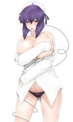 Rule 34 | 1girl, blush, breasts, covering privates, covering breasts, dress shirt, ghost in the shell, hat, highres, huge breasts, kusanagi motoko, libre, no pants, panties, purple hair, red eyes, shirt, solo, underwear, wire