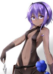 Rule 34 | 1girl, absurdres, black gloves, blush, breasts, center opening, closed mouth, dark-skinned female, dark skin, fate/prototype, fate/prototype: fragments of blue and silver, fate (series), fingerless gloves, gloves, hair between eyes, halterneck, hassan of serenity (fate), highres, holding, holding knife, holding weapon, knife, looking at viewer, moyoron, navel, purple eyes, purple hair, short hair with long locks, sidelocks, small breasts, smile, solo, unitard, upper body, weapon