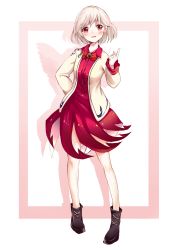 Rule 34 | 1girl, absurdres, arrow (symbol), border, bow, bowtie, dress, hand on own hip, highres, index finger raised, jacket, kishin sagume, long sleeves, open mouth, purple dress, red eyes, short hair, silver hair, simple background, single wing, skirt, smile, solo, tix, touhou, wings