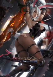 Rule 34 | 2girls, animal ears, armpits, artist name, ass, battle bunny riven, black gloves, black legwear, boots, breasts, rabbit ears, rabbit tail, playboy bunny, carrot, cleavage, elbow gloves, fake animal ears, female focus, gloves, high heel boots, high heels, large breasts, league of legends, lips, long hair, multiple girls, patreon username, red hair, riven (league of legends), sakimichan, miss fortune (league of legends), short hair, sideboob, signature, smile, sword, tail, thigh strap, torn clothes, torn legwear, watermark, weapon, web address, white hair