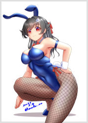 Rule 34 | 1girl, alternate hairstyle, animal ears, black hair, black pantyhose, blue footwear, blue leotard, bow, bowtie, breasts, cowboy shot, dated, detached collar, fake animal ears, fake tail, fishnet pantyhose, fishnets, hair between eyes, hair flaps, hair ornament, hairclip, hand on own thigh, high heels, jingei (kancolle), kantai collection, large breasts, leotard, long hair, looking at viewer, moke ro, pantyhose, playboy bunny, rabbit ears, rabbit tail, red eyes, sign, simple background, solo, strapless, strapless leotard, tail, traditional bowtie, whale hair ornament, white background, wrist cuffs