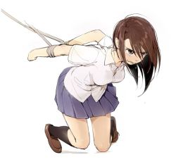 Rule 34 | 1girl, black legwear, blouse, blue skirt, bound, bound wrists, breasts, brown eyes, brown footwear, brown hair, collared shirt, commentary request, kawai makoto, leaning forward, loafers, long hair, medium breasts, original, pleated skirt, restrained, rope, shirt, shoes, simple background, skirt, solo, tearing up, tears, white background, wing collar