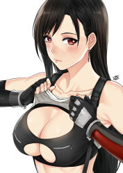 Rule 34 | 1girl, bad id, bad pixiv id, black bra, black hair, blush, bra, breasts, cleavage cutout, clothing cutout, collarbone, earrings, elbow gloves, elbow pads, final fantasy, final fantasy vii, final fantasy vii remake, fingerless gloves, gloves, highres, jewelry, large breasts, lifted by self, long hair, looking at viewer, red eyes, solo, sports bra, square enix, suspenders, tank top, tifa lockhart, traditional media, underboob, underboob cutout, underwear, upper body, xter, zipper, zipper pull tab