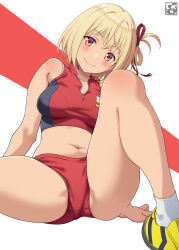 Rule 34 | 1girl, adapted costume, blonde hair, buruma, crop top, head tilt, highres, looking at viewer, lycoris recoil, nishikigi chisato, official alternate costume, pairan, red buruma, red eyes, shoes, short hair, sitting, sleeveless, smile, sneakers, socks, solo, sportswear, thighs, two-tone background, white background, white socks, yellow footwear
