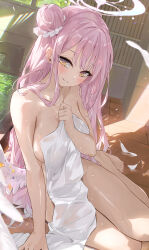 Rule 34 | 1girl, barefoot, blue archive, blush, breasts, collarbone, commentary, dema hmw, feathers, hair bun, halo, highres, holding, holding towel, long hair, looking at viewer, low wings, medium breasts, mika (blue archive), nude, parted lips, pink halo, single hair bun, smile, solo, thighs, toes, towel, wet, white towel, white wings, wings, yellow eyes