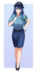Rule 34 | 1girl, absurdres, armband, belt, belt buckle, black belt, black footwear, blue eyes, blue hair, blue hat, blue shirt, blue skirt, breasts, buckle, closed mouth, collared shirt, commentary request, dress shirt, full body, gloves, hand on own hip, hat, highres, holding, holding whistle, kurokawa akane, long hair, oshi no ko, police, police hat, police uniform, policewoman, ryochan96154, shirt, shoes, short sleeves, skirt, small breasts, smile, solo, standing, striped background, uniform, very long hair, whistle, white gloves