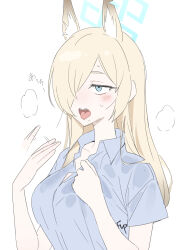 Rule 34 | 1girl, animal ears, blonde hair, blue archive, blue eyes, blue shirt, breasts, collarbone, collared shirt, commentary request, dog ears, extra ears, fanning self, fpanda, halo, heavy breathing, highres, hot, kanna (blue archive), long bangs, medium breasts, partially unbuttoned, ringed eyes, sharp teeth, shirt, sketch, solo, sweat, swept bangs, tareme, teeth, tongue, tongue out, upper body