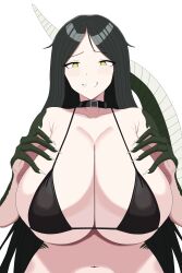 Rule 34 | 1girl, absurdres, bikini, black bikini, black hair, breasts, cleavage, highres, huge breasts, long hair, looking at viewer, reptilia queen, scp-682 female, scp foundation, smile, solo, swimsuit, yellow eyes