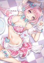 Rule 34 | 1girl, ahoge, anoa, apron, bead bracelet, beads, bikini, blue bow, blue bowtie, blue hair, blue ribbon, blush, bow, bowtie, bracelet, breasts, character name, checkered floor, cherry, choker, cream, cup, detached sleeves, dot nose, drinking straw, fang, food, food on body, frilled apron, frilled bikini, frilled skirt, frilled sleeves, frills, from above, front-tie bikini top, front-tie top, fruit, hair intakes, hair ornament, hair ribbon, headdress, heart, heart choker, heart hair ornament, high heels, highres, idolmaster, idolmaster cinderella girls, idolmaster cinderella girls starlight stage, jewelry, large breasts, looking at viewer, lying, midriff, multicolored hair, name tag, navel, on back, open mouth, pink bikini, pink eyes, pink footwear, pink hair, pink nails, pink skirt, plaid, plaid bikini, plaid skirt, ribbon, scrunchie, short hair, skirt, solo, spilling, swimsuit, thigh strap, tray, two-tone hair, waist apron, wavy mouth, white apron, white scrunchie, wrist ribbon, wrist scrunchie, yumemi riamu