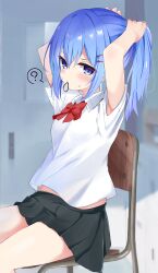 Rule 34 | 1girl, ?, absurdres, armpits, bare legs, black skirt, blue eyes, blue hair, blush, bow, bowtie, chair, collared shirt, hairband, highres, komizu umika, nagomi yayado, on chair, original, shirt, skirt, sweat, sweatdrop, tying hair, white shirt