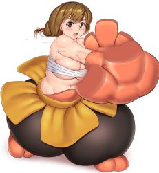 Rule 34 | 1girl, belly, blush, breasts, brown eyes, brown hair, cleavage, commentary request, commission, cosplay, creatures (company), full body, game freak, gen 3 pokemon, hariyama, hariyama (cosplay), highres, large breasts, leaning forward, looking at viewer, looking to the side, mahouka koukou no rettousei, navel, nintendo, ono haruka, open mouth, orizen, outstretched arm, oversized gloves, pants, parachute pants, pixiv commission, plump, poke ball, poke ball hair ornament, pokemon, sarashi, shadow, simple background, solo, standing, sweat, tareme, thick arms, white background