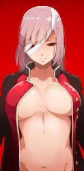 Rule 34 | 1girl, bandage over one eye, bandages, breasts, breasts apart, buttons, fate/grand order, fate (series), florence nightingale (fate), florence nightingale (third ascension) (fate), highres, jacket, jacket on shoulders, large breasts, long hair, looking at viewer, military, military uniform, naked jacket, navel, open clothes, red background, simple background, smile, solo, tokiwa midori (kyokutou funamushi), uniform