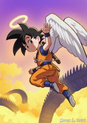 Rule 34 | angel wings, black hair, blue footwear, blue shirt, boots, cloud, dated, derivative work, dougi, dragon ball, dragonball z, feathered wings, from behind, gradient background, halo, highres, looking at viewer, medium hair, orange background, orange pants, orange shirt, pants, purple background, ruyi jingu bang, shirt, short sleeves, sleeveless, sleeveless shirt, son goku, spiked hair, sunna (nilsunna), waving, wings, yellow clouds