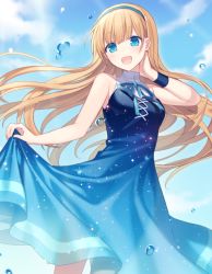 Rule 34 | 1girl, :d, bare arms, bare shoulders, blonde hair, blue dress, blue eyes, blue hairband, blue ribbon, blue sky, blush, clothes lift, cloud, colored eyelashes, cowboy shot, day, dress, dress lift, hairband, hijiri (resetter), long hair, looking at viewer, neck ribbon, open mouth, original, outdoors, print dress, ribbon, skirt hold, sky, sleeveless, sleeveless dress, smile, solo, standing, star (symbol), starry sky print, very long hair, water drop