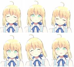 Rule 34 | 1girl, 87banana, ahoge, apron, artoria pendragon (all), artoria pendragon (fate), blonde hair, blue bow, bow, expressions, fate/stay night, fate (series), green eyes, hair bow, happy, parted lips, saber (fate), smile, solo