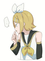 Rule 34 | ..., 1girl, bad id, bad pixiv id, bare shoulders, black collar, black sleeves, blonde hair, blue eyes, bow, collar, commentary, cropped torso, detached sleeves, hair bow, hair ornament, hairclip, hand to own mouth, kagamine rin, looking to the side, nail polish, neckerchief, sailor collar, school uniform, shirt, short hair, speech bubble, swept bangs, thinking, torla16, upper body, vocaloid, white background, white bow, white shirt, yellow nails, yellow neckerchief