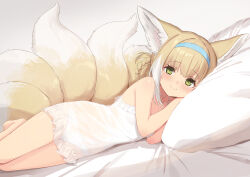 Rule 34 | 1girl, animal ears, arknights, barefoot, blonde hair, blue hairband, blush, closed mouth, fox ears, fox girl, fox tail, green eyes, hairband, highres, looking at viewer, lying, multicolored hair, multiple tails, nightgown, on side, panties, pillow, see-through, sigm@, smile, solo, streaked hair, suzuran (arknights), tail, underwear, white hair, white panties