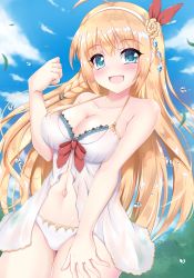 Rule 34 | 1girl, :d, absurdres, ahoge, bare arms, bare shoulders, bikini, blonde hair, blue eyes, blue sky, blurry, blurry background, blush, bow, breasts, cleavage, cloud, collarbone, commentary request, day, detached sleeves, flower, hair between eyes, hair flower, hair ornament, hair ribbon, hairband, hand up, highres, large breasts, long hair, navel, open mouth, outdoors, pecorine (princess connect!), pecorine (summer) (princess connect!), princess connect!, red bow, red ribbon, ribbon, rose, sky, smile, solo, swimsuit, unico kasumi, very long hair, water drop, white bikini, white hairband, yellow flower, yellow rose