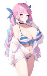 Rule 34 | 1girl, ahoge, alternate breast size, bikini, black choker, blue hair, blue ribbon, blush, braid, breasts, choker, cleavage, collarbone, frilled bikini, frills, hair ribbon, highleg, highleg bikini, highres, hololive, kladd, large breasts, long hair, looking at viewer, minato aqua, minato aqua (hololive summer 2019), multicolored hair, navel, open mouth, pink hair, purple eyes, ribbon, see-through, see-through shirt, shirt, simple background, solo, standing, striped bikini, striped clothes, swimsuit, twin braids, twintails, two-tone hair, virtual youtuber, white background, white shirt
