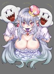 Rule 34 | 1girl, bad id, bad pixiv id, blush, boo (mario), breasts, cleavage, colored tongue, crown, dress, earrings, frilled dress, frilled gloves, frills, ghost, ghost pose, gloves, jewelry, kabu (niniko2ko), large breasts, long hair, looking at viewer, luigi&#039;s mansion, mario (series), mini crown, new super mario bros. u deluxe, nintendo, open mouth, pink eyes, pointy ears, princess king boo, puffy short sleeves, puffy sleeves, purple tongue, sharp teeth, short sleeves, silver hair, simple background, solo, super crown, teeth, tilted headwear, tongue, tongue out, white dress, white gloves