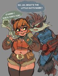 1boy 1girl animal_ears blush brown_jacket brown_shorts commentary crop_top english_commentary english_text fang fingerless_gloves furry furry_male gloves grey_background gun highres holding holding_gun holding_weapon jacket looking_at_another marvel marvel_rivals mercysstrap open_mouth orange_shirt raccoon_boy raccoon_ears raccoon_tail red_eyes rocket_raccoon shirt shorts speech_bubble squirrel squirrel_girl_(marvel) tail talking thighhighs tippy-toe weapon zettai_ryouiki