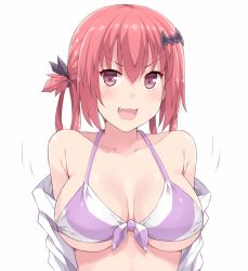 Rule 34 | &gt;:3, 10s, 1girl, :3, :d, amane hasuhito, bad id, bad pixiv id, bare shoulders, bat hair ornament, bikini, breasts, fang, gabriel dropout, hair ornament, hair rings, large breasts, open mouth, pink eyes, red hair, satanichia kurumizawa mcdowell, short hair, simple background, smile, solo, swimsuit, underboob, upper body, v-shaped eyebrows, white background