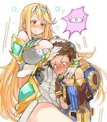 Rule 34 | 1boy, 1girl, armor, black hair, blonde hair, blush, bodysuit, breast press, breasts, brown hair, cleavage, crotchless, crotchless pants, dress, gameplay mechanics, gloves, hair ornament, large breasts, long hair, mythra (xenoblade), nintendo, rex (xenoblade), sachito, short hair, simple background, tiara, white background, xenoblade chronicles (series), xenoblade chronicles 2, xenoblade chronicles (series), xenoblade chronicles 2, yellow eyes