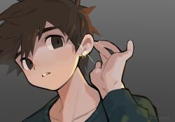 Rule 34 | 1boy, black eyes, brown hair, ear focus, earrings, gradient background, green shirt, grey background, hand on own ear, hand up, hero (faraway) (omori), hero (omori), highres, jewelry, long sleeves, moti (m0cch1m0), omori, parted lips, portrait, shirt, short hair, signature, simple background, single earring, solo, sparkle