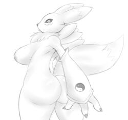 Rule 34 | digimon, digimon (creature), fluffy, fox girl, fox tail, furry, furry female, greyscale, monochrome, renamon, tail