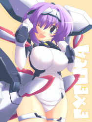 Rule 34 | 1girl, ;d, arms up, breasts, covered navel, cowboy shot, exelica, kugui kiyunemu, large breasts, leotard, looking at viewer, one eye closed, open mouth, pink hair, purple eyes, short hair, skin tight, smile, solo, standing, thigh strap, trigger heart exelica, wink