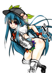 Rule 34 | 1girl, adapted costume, blue hair, boots, breasts, female focus, food, fruit, hat, hinanawi tenshi, knee boots, leaning forward, long hair, mabuchoco m, md5 mismatch, no bra, no pants, peach, red eyes, sideboob, simple background, sketch, solo, sweat, tongue, tongue out, touhou, very long hair, white background